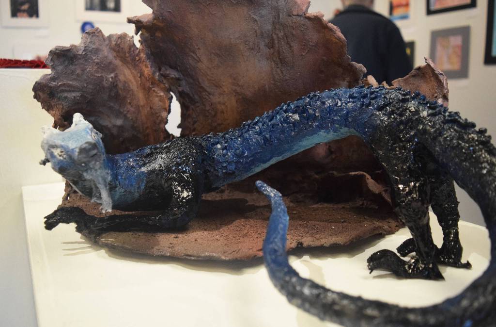 A three-dimensional sculpture created by Soldotna senior Kennedy Holland sits on display during Thursdays opening reception of the 30th anniversary Visual Feast art show. (Photo by Joey Klecka/Peninsula Clarion)