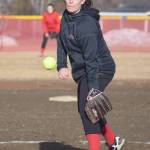 Kenai Central pitcher Kaylee Lauritsen delivers to Colony on Friday, April 12, 2019, at Stever Shearer Memorial Ball Park in Kenai, Alaska. (Photo by Jeff Helminiak/Peninsula Clarion)