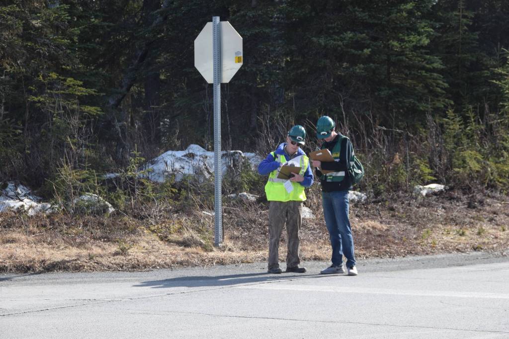 CERT volunteers take a moment to regroup while simulating a neighborhood evacuation in Kenai, Alaska during OEMs Alaska Shield 2019 program on Saturday, April 13, 2019. (Photo by Brian Mazurek/Peninsula Clarion)