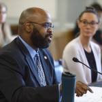 Sen. David Wilson, R-Wasilla, speaks about his bill to allow residents to donate their Permanent Fund Dividend back to the states general fund during a Senate Finance Committee meeting on Monday, April 15, 2019. Anne Weske, Director of the Alaska Permanent Fund Dividend, right, also spoke to the committee. (Michael Penn | Juneau Empire)
