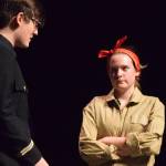 Katie Schwartz (right) trades lines with Jaron Swanson during rehearsal for Rosie Tuesday, April 16, 2019, at Soldotna High School in Soldotna, Alaska. (Photo by Joey Klecka/Peninsula Clarion)