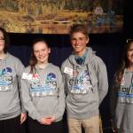 From left, the Caring for the Kenai finalists Akilena Veach and Lindy Guernsey (second place), Austin Cline (first place), and Anna DeVolld (third place) pose for a photo at Kenai Central High School in Alaska on Thursday, April 18, 2019. (Photo by Brian Mazurek/Peninsula Clarion)