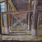 Pile Geometrics, one of John Fenskes paintings at the First Friday, April 5, 2019, opening for his retrospective showing at Kachemak Bay Campus in Homer, Alaska. (Photo by Michael Armstrong/Homer News)