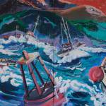 Crossing the Bar, one of John Fenskes paintings at the First Friday, April 5, 2019, opening for his retrospective showing at Kachemak Bay Campus in Homer, Alaska. (Photo by Michael Armstrong/Homer News)