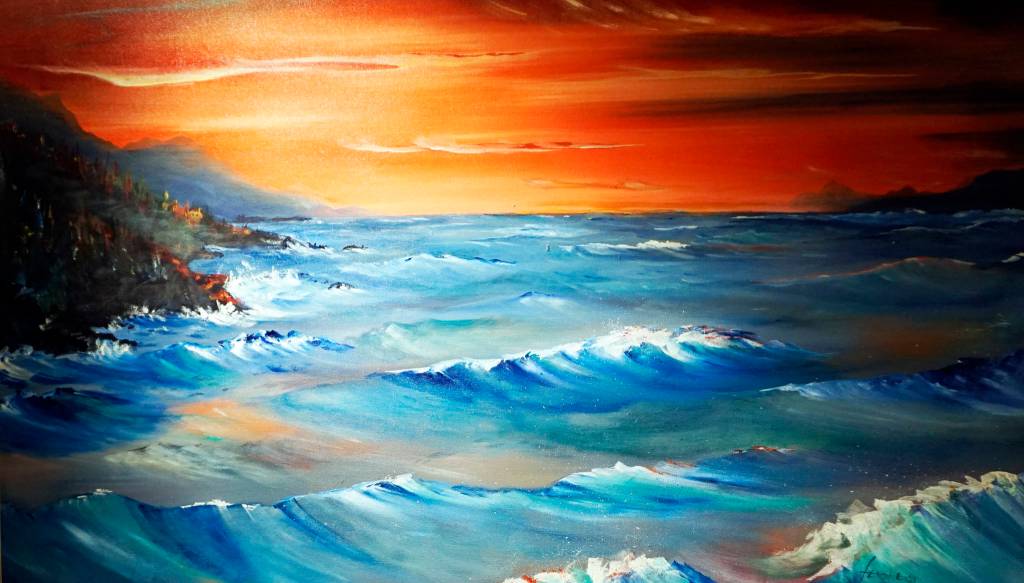 One of John Fenskes paintings at the First Friday, April 5, 2019, opening for his retrospective showing at Kachemak Bay Campus in Homer, Alaska. (Photo by Michael Armstrong/Homer News)