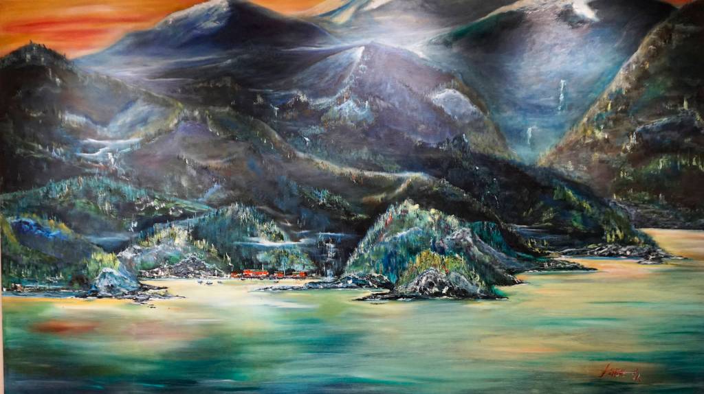 One of John Fenskes paintings at the First Friday, April 5, 2019, opening for his retrospective showing at Kachemak Bay Campus in Homer, Alaska. (Photo by Michael Armstrong/Homer News)