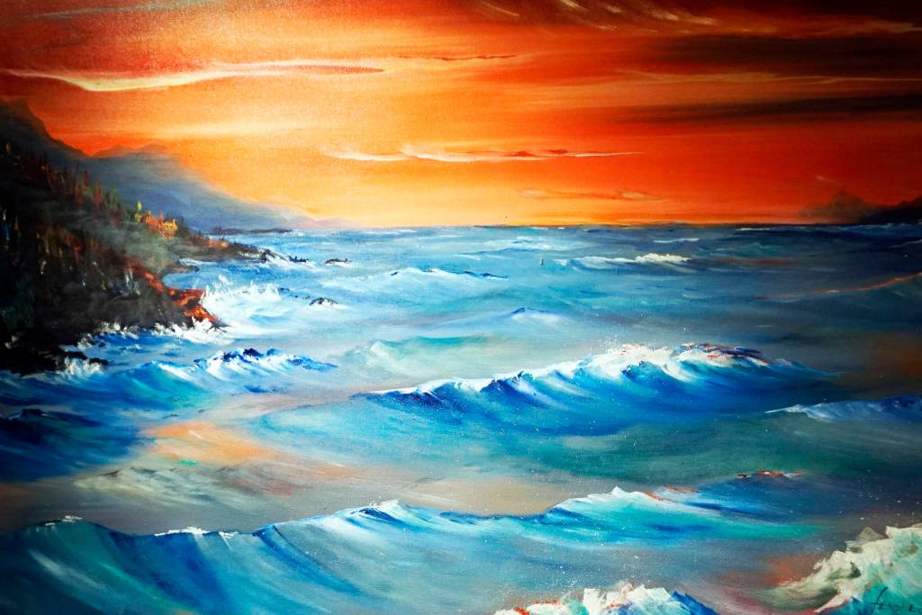 One of John Fenskes paintings at the First Friday, April 5, 2019, opening for his retrospective showing at Kachemak Bay Campus in Homer, Alaska. (Photo by Michael Armstrong/Homer News)