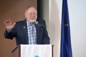 Rep. Don Young, R-Alaska, gives a presentation to the Kenai and Soldotna Chambers of Commerce during a luncheon at the Kenai Visitors Center in Kenai, Alaska on Tuesday, April 23, 2019. (Photo by Brian Mazurek/Peninsula Clarion)