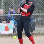 Kenai Centrals Kaidence Harvey takes a pitch from Soldotna Thursday, April 25, 2019, at the Soldotna Softball Fields. (Photo by Joey Klecka/Peninsula Clarion)