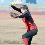 Kenai Central pitcher Lexi Reis fires a pitch against Palmer on Friday, April 26, 2019, at Steve Shearer Memorial Ball Park in Kenai, Alaska. (Photo by Jeff Helminiak/Peninsula Clarion)