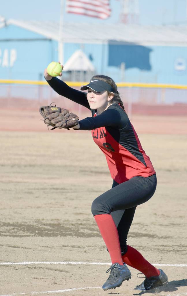 Kenai Central pitcher Lexi Reis fires a pitch against Palmer on Friday, April 26, 2019, at Steve Shearer Memorial Ball Park in Kenai, Alaska. (Photo by Jeff Helminiak/Peninsula Clarion)