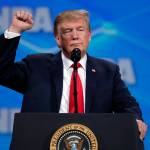President Donald Trump speaks at the National Rifle Association Institute for Legislative Action Leadership Forum in Lucas Oil Stadium in Indianapolis on Friday, April 26, 2019. (Michael Conroy | Associated Press)