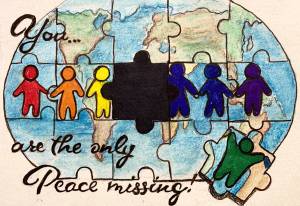 RJ Nelsons work of art is part of the Choir for Peace show on display before the May 2 and 3, 2019 concerts in the Homer High School Commons in Homer, Alaska. (Photo provided)