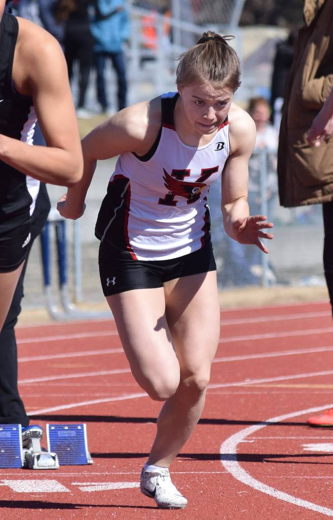 Kenai Central senior Hayley Maw takes off from the starting blocks in the girls 200-meter sprint Saturday afternoon at the SoHi Region III Preview Invite at Justin Maile Field in Soldotna. (Photo by Joey Klecka/Peninsula Clarion)