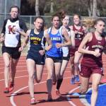 (From L to R) Kenai Central senior Brooke Satathite, Homer junior Autumn Daigle, Palmer sophomore Sophie Wright and Kenai senior Jaycie Calvert race in the girls 1,600 meters Saturday afternoon at the SoHi Region III Preview Invite at Justin Maile Field in Soldotna. (Photo by Joey Klecka/Peninsula Clarion)