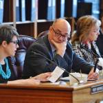 Rep. Andy Josephson, D-Anchorage, second from left, listens to Rep. Kelly Merrick, R-Eagle River, as she reads an amendment to repeal the Ocean Ranger program during a House Finance Committee meeting at the Capitol on Thursday, April 4, 2019. (Michael Penn | Juneau Empire)