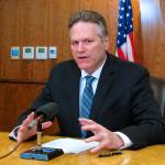 Alaska Gov. Mike Dunleavy speaks to reporters about his expectations for the end of the legislative session on Wednesday, May 15, 2019, Juneau, Alaska. Wednesday marked a constitutional deadline for the end of the regular session. (AP Photo/Becky Bohrer)