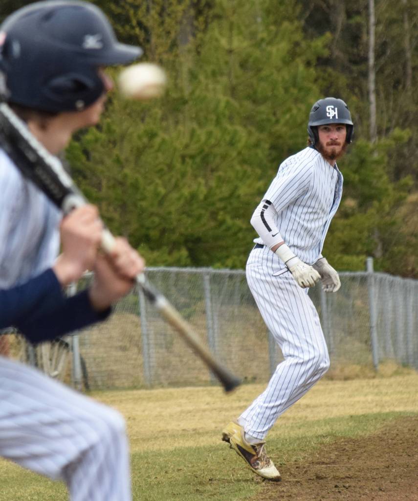 Soldotnas David Michael keeps an eye on home plate Wednesday, May 15, 2019, against Homer at the Soldotna Little League Fields in Soldotna, Alaska. (Photo by Joey Klecka/Peninsula Clarion)