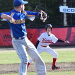 Kenais Jaryn Zoda attempts to steal a base on Kodiak pitcher Joel Wiersum Thursday, May 16, 2019, at the Kenai Little League Fields in Kenai, Alaska. (Photo by Joey Klecka/Peninsula Clarion)