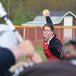 Kenais Kaylee Lauritsen offers up a pitch to a Soldotna batter Friday, May 17, 2019, at Steve Shearer Memorial Ballpark in Kenai, Alaska. (Photo by Joey Klecka/Peninsula Clarion)