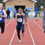 Soldotnas Ben Booth (middle) races in the Class 4A boys 100-meter final Saturday at the Region III Track and Field Championships in Soldotna. (Photo by Joey Klecka/Peninsula Clarion)