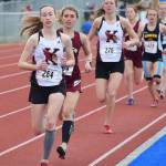 Kenai Centrals Jaycie Calvert leads the field in the Class 3A girls 1,600 meters Saturday at the Region III Track and Field Championships in Soldotna. (Photo by Joey Klecka/Peninsula Clarion)