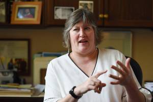 Sara Hannan, D-Juneau, speaks about the Houses work on the crime bill at the canyon Monday, May 20, 2019. (Michael Penn | Juneau Empire)