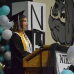 Class salutatorian Bethany Carstens gives a speech during the 2019 Nikiski High School graduation in Nikiski, Alaska on May 20, 2019. (Photo by Brian Mazurek/Peninsula Clarion)