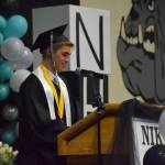 Valedictorian Garrett Ellis gives his speech during the 2019 Nikiski High School graduation in Nikiski, Alaska on May 20, 2019. (Photo by Brian Mazurek/Peninsula Clarion)