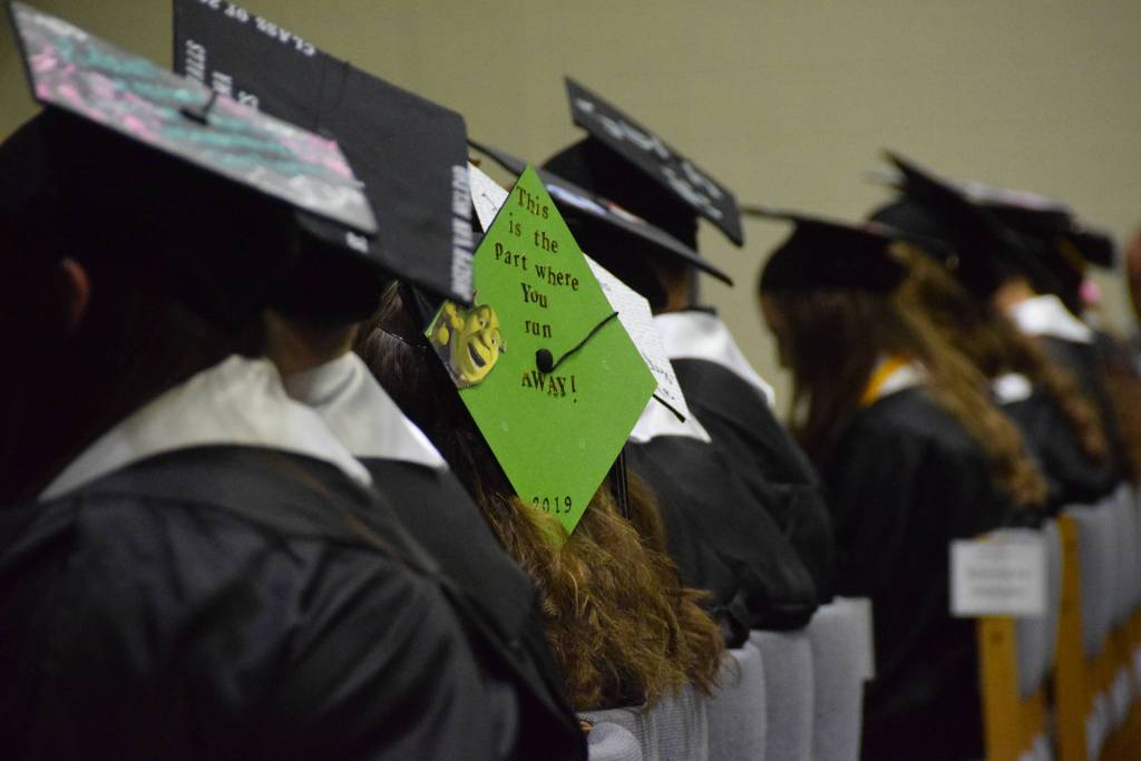 One of the graduates decorated caps is seen here during the 2019 Nikiski High School graduation in Nikiski, Alaska on May 20, 2019. (Photo by Brian Mazurek/Peninsula Clarion)