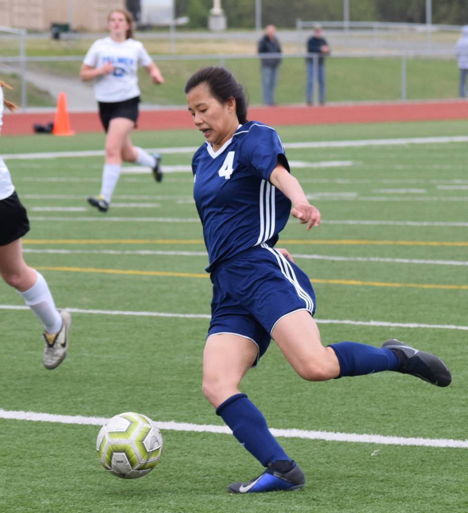 Soldotnas Meijan Leaf unleashes a shot on goal against Palmer Thursday, May 23, 2019, at the Div. II state soccer championships in Eagle River. (Photo by Joey Klecka/Peninsula Clarion)