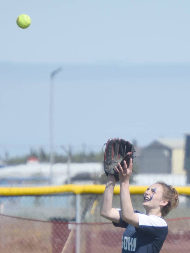 Soldotna center fielder Janna Krieger hauls in a pop fly from Homers Brianna Hetrick on Friday, May 24, 2019, during the Northern Lights Conference Softball Tournament at Steve Shearer Memorial Ball Park in Kenai, Alaska. (Photo by Jeff Helminiak/Peninsula Clarion)
