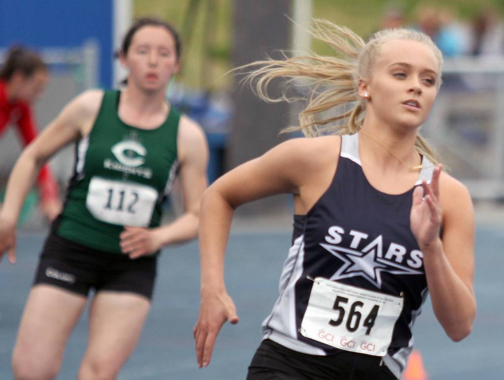 Soldotnas Brittany Taylor competes in the girls 400 meters during the first day of the ASAA/First National Bank State Track and Field Championships Friday, May 24, 2019, at Palmer High School.