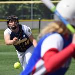 Homers Zoe Adkins unleashes a pitch for a Sitka batter at the Division II state softball tournament Friday, May 31, 2019, at Cartee Fields in Anchorage, Alaska.