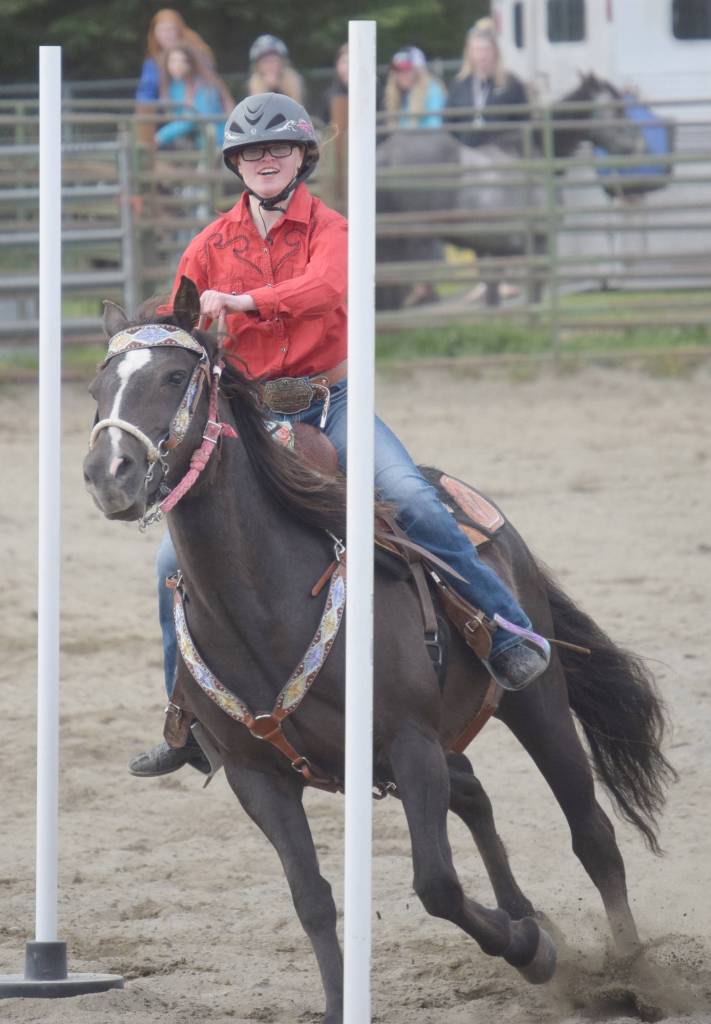 Laynee Strausbaugh competes in a jackpot race of the Last Frontier Barrel Racers on Friday, May 31, 2019, at the Soldotna Rodeo Grounds in Soldotna, Alaska. (Photo by Jeff Helminiak/Peninsula Clarion)