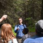 Environmental education intern David Fink answers questions from the hikers during a guided hike on Centennial Trail in the Kenai National Wildlife Refuge on June 1, 2019. (Photo by Brian Mazurek/Peninsula Clarion)