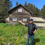 Buzz Kyllonen speaks about Anchor Points history and his family homestead at an event hosted by the Trimble family, which is pushing to open a gravel pit on nearby land, on June 1, 2019, in Anchor Point, Alaska. (Photo courtesy of Allison Trimble Paparoa/Coastal Realty)