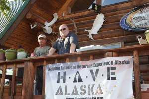 Sgt. 1st Class Gert Bindrich and Capt. Lee Halstead smile for the camera during HAVE-Alaskas 2019 fishing trip in Soldotna, Alaska, on Wenesday, June 5, 2019. (Photo by Brian Mazurek/Peninsula Clarion)