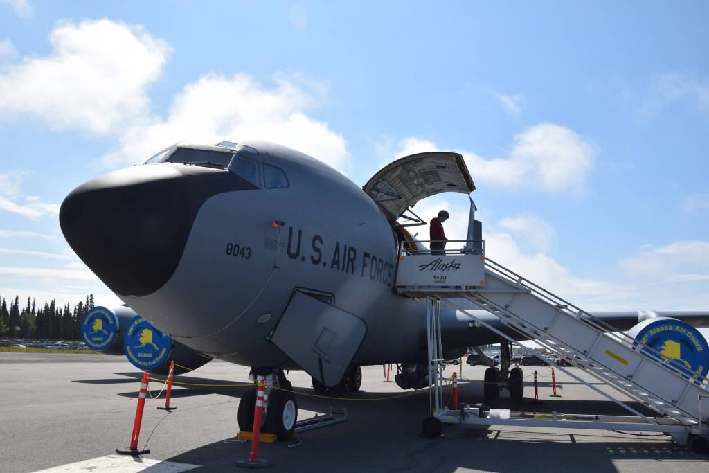 A Boeing KC-135 sits on display at the 19th annual Kenai Peninsula Air Fair in Kenai, Alaska on June 8, 2019. The KC-135 was built in 1963 and is used by the 168th Alaska Air Guard for mid-air refueling operations. (Photo by Brian Mazurek/Peninsula Clarion)