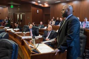 Sen. David Wilson, R-Wasilla, speaks against a resolution to have a combined House/Senate committee to study a Permanent Fund Dividend solution at the Capitol on Monday, June 10, 2019. (Michael Penn | Juneau Empire)