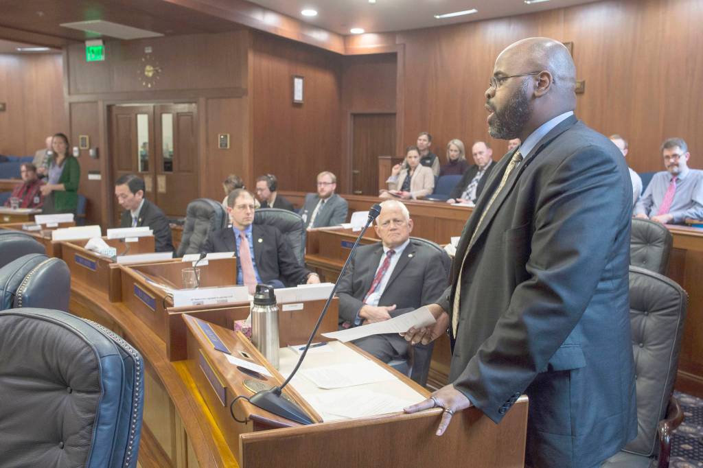 Sen. David Wilson, R-Wasilla, speaks against a resolution to have a combined House/Senate committee to study a permanent fund dividend solution at the Capitol on Monday. (Michael Penn/Juneau Empire)