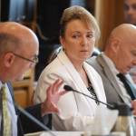 Rep. Colleen Sullivan-Leonard, R-Wasilla, center, and Rep Dan Ortiz, I-Ketchikan, right, listen to Rep. Andy Josephson, D-Anchorage, ask a question to the update to the capital budget bill during a House Finance Committee meeting at the Capitol on Tuesday, June 11, 2019. The bill passed out of committee. (Michael Penn | Juneau Empire)