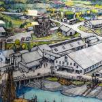 A detailed look at an illustration of old Kenai and the Columbia Ward Fisheries by Thor Evenson at the Kenai Fine Art Center Thursday, June 6, 2019, during the opening reception to the June exhibit Historic Buildings of Kenai. (Photo by Joey Klecka/Peninsula Clarion)