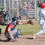 Peninsula Oilers center fielder Paul Steffensen fouls off a pitch against the Chugiak-Eagle River Chinooks on Wednesday, June 12, 2019, at Coral Seymour Memorial Park in Kenai, Alaska. (Photo by Jeff Helminiak/Peninsula Clarion)