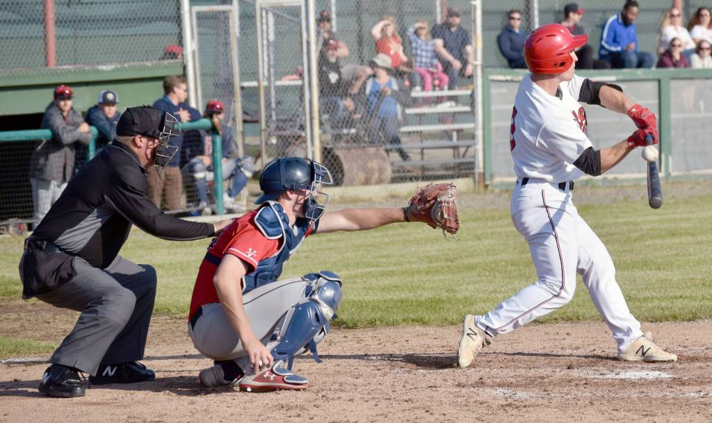 Peninsula Oilers center fielder Paul Steffensen fouls off a pitch against the Chugiak-Eagle River Chinooks on Wednesday, June 12, 2019, at Coral Seymour Memorial Park in Kenai, Alaska. (Photo by Jeff Helminiak/Peninsula Clarion)