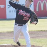 Peninsula Oilers pitcher Jake Fenn delivers to the Chugiak-Eagle River Chinooks on Thursday, June 13, 2019, at Coral Seymour Memorial Park in Kenai, Alaska. (Photo by Jeff Helminiak/Peninsula Clarion)