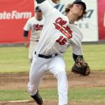 Oilers pitcher Andrew Thorpe delivers to the Chugiak-Eagle River Chinooks on Friday, June 14, 2019, at Coral Seymour Memorial Park in Kenai, Alaska. (Photo by Jeff Helminiak/Peninsula Clarion)