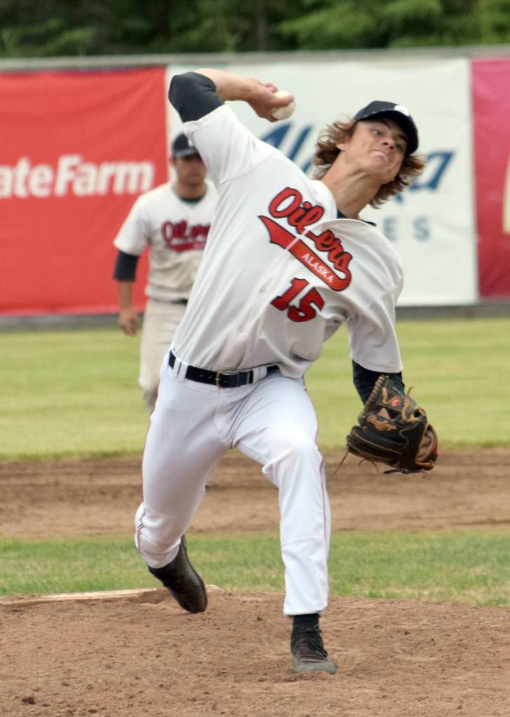 Oilers pitcher Andrew Thorpe delivers to the Chugiak-Eagle River Chinooks on Friday, June 14, 2019, at Coral Seymour Memorial Park in Kenai, Alaska. (Photo by Jeff Helminiak/Peninsula Clarion)