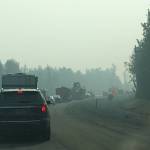 Cars are backed up along the Sterling Highway on Alaskas Kenai Peninsula on Wednesday, June 26, 2019. The highway was closed for several hours Wednesday morning due to the Swan Lake Fire north of the highway. (Photo by Jeff Helminiak/Peninsula Clarion)