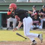 Peninsula Oilers batter Bobby Goodloe lays down a bunt against the Anchorage Glacier Pilots Friday, June 28, 2019, at Coral Seymour Memorial Park in Kenai. (Photo by Joey Klecka/Peninsula Clarion)